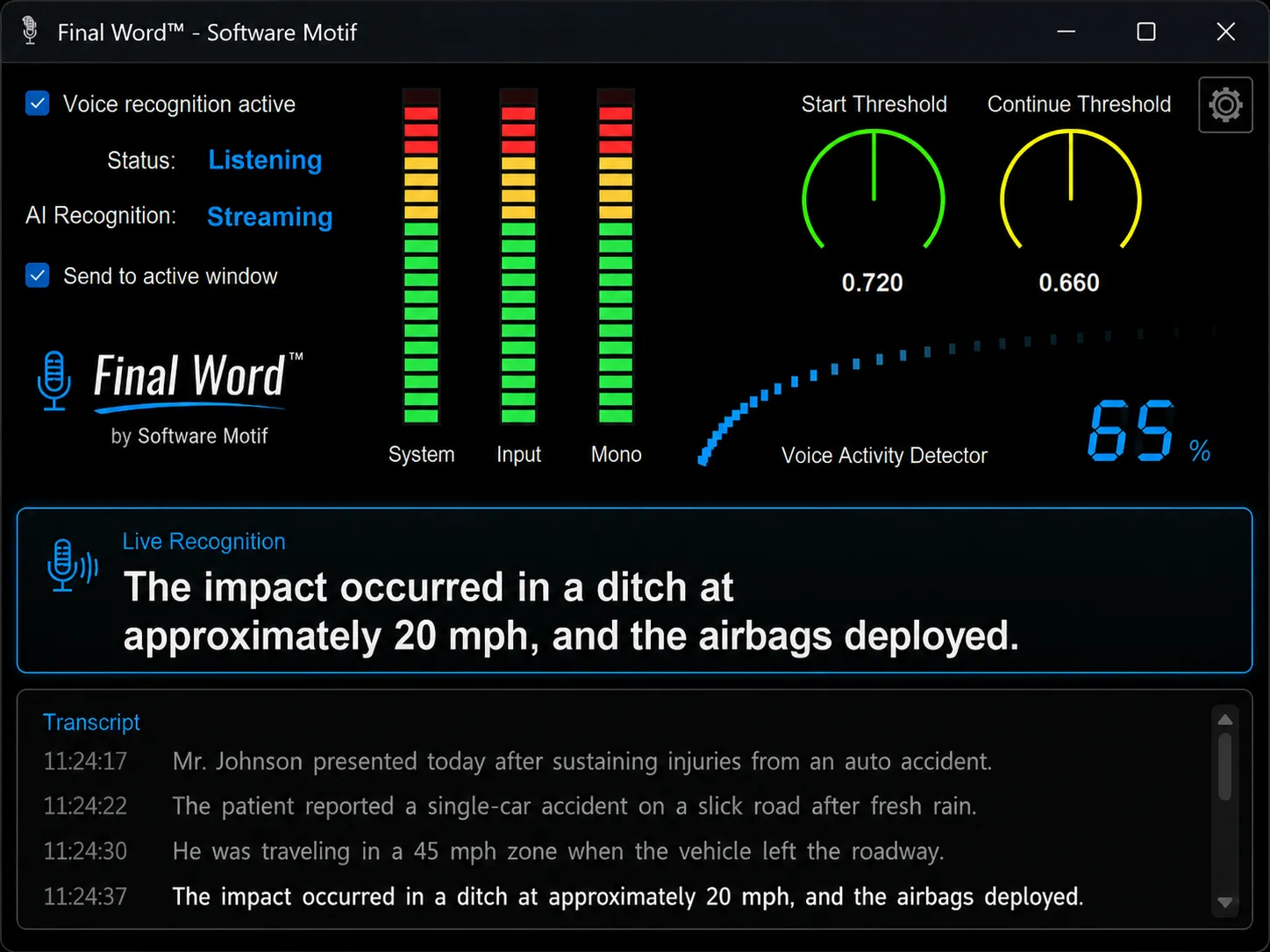 Final Word dashboard showing live transcription, audio meters, voice activity detection, and recognition status